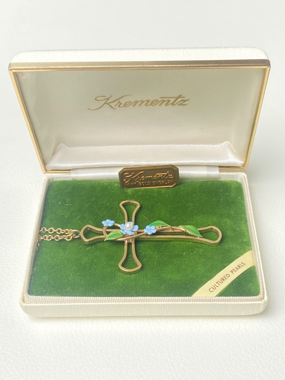 Vintage Krementz Forget Me Not Enamel Cross Necklace Genuine Pearl Box Papers - Picture 6 of 8